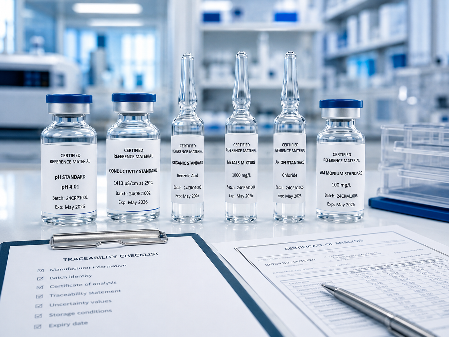 Certified reference materials with traceability documentation and certificate of analysis