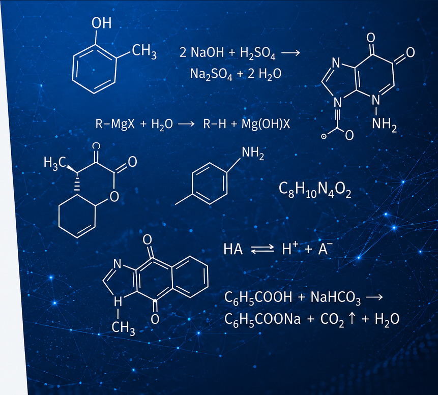 Chemical structures, molecular formulas and reaction equations