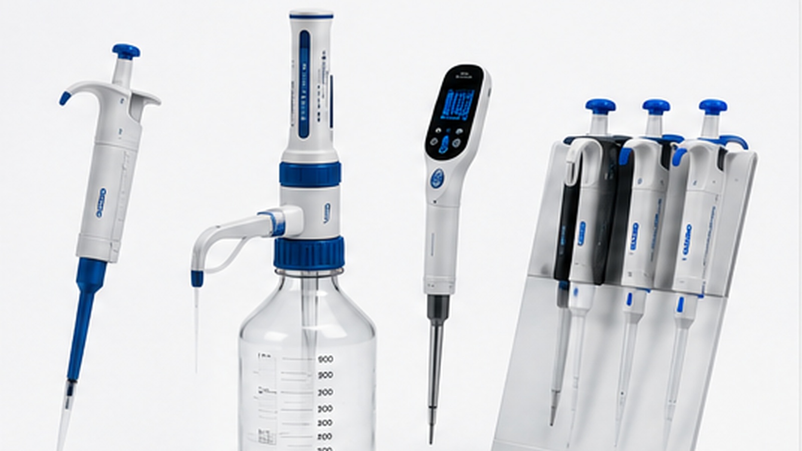 Liquid handling equipment including micropipettes, bottle top dispenser, digital burette and pipette stand